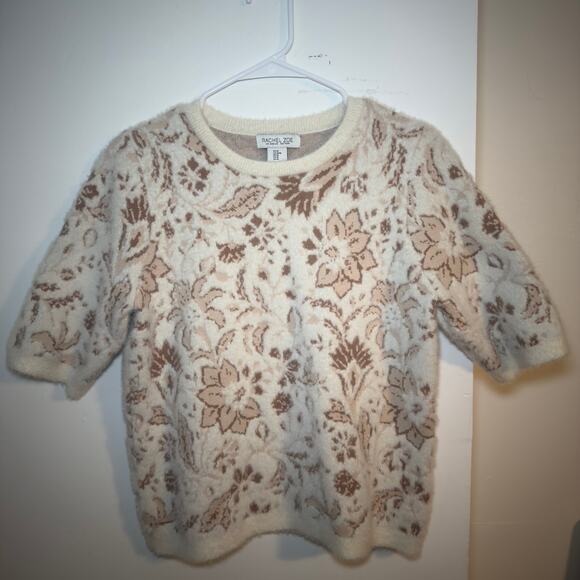 Rachel Zoe Fuzzy Floral Short Sleeve Sweater Women’s Size M Cream Tan Soft Knit - Picture 2 of 4